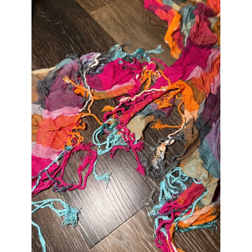 Multi Color Plaid‎ Crinkle Scarf Bohemian Fringe Trim Fuchsia Orange Teal
